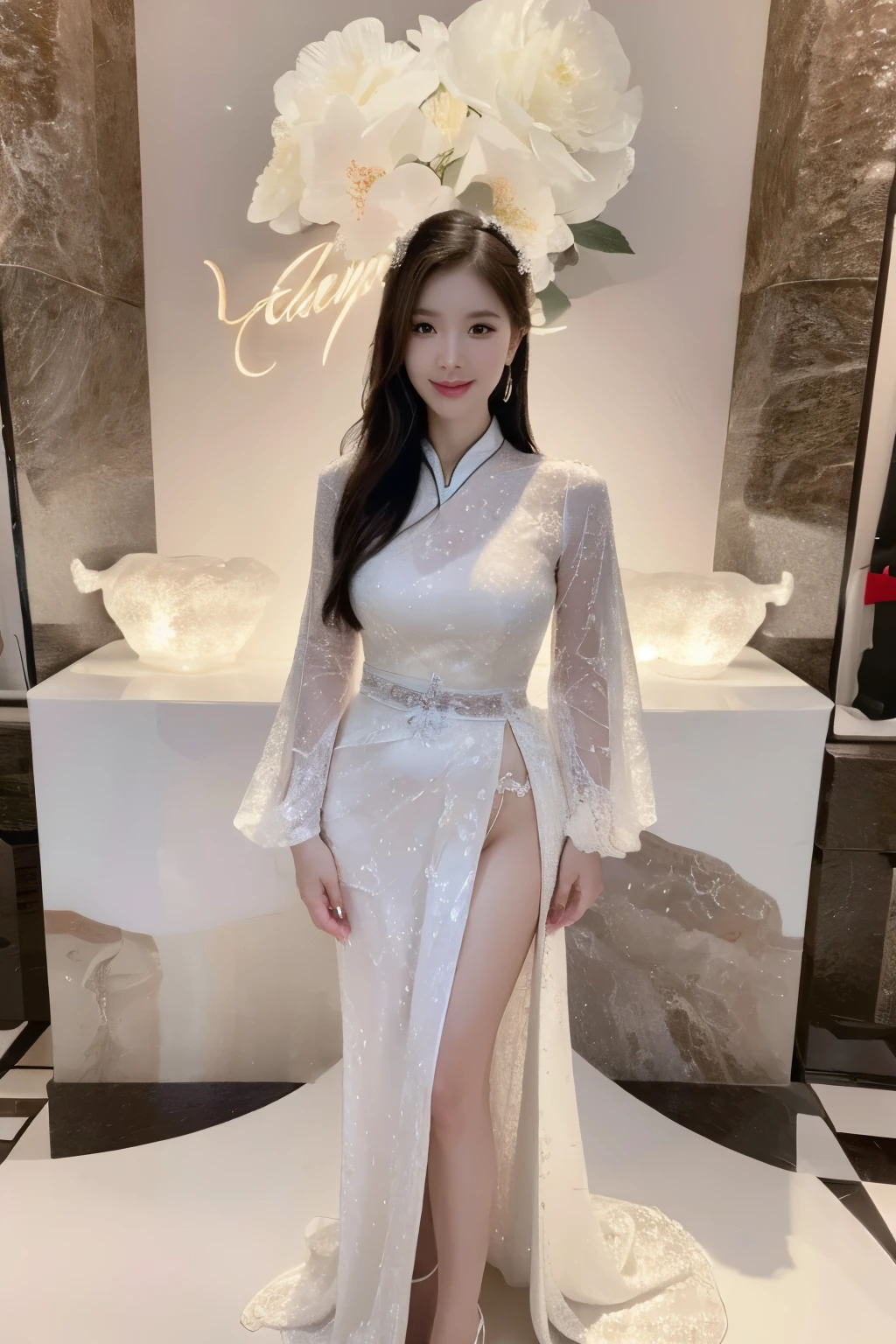 ultra-detailed, 4k, 8k, high quality, hyper realistic, dramatic lighting, cinematic angle, ice sculpture, beautiful young woman, anatomically correct, full body, lesbian, ice sculpture of camellia, masterpiece, traditional chinese dress, smiling, sensual, full body artwork, traditional art, erotic art, queen-like art, stunning body art, stunning hairstyle, stunning female art