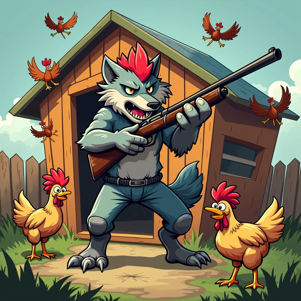a wolf with a shotgun as if she were standing shooting at chickens inside a cartoon-style chicken coop for a YouTube cover