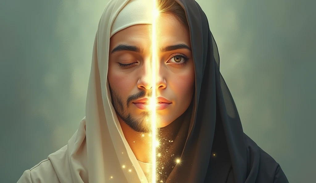 Scene 4: A split image comparing a Syed and an Ummi, with a Syed progressing quickly in spirituality and an Ummi taking longer, symbolizing the difference in their spiritual journeys.