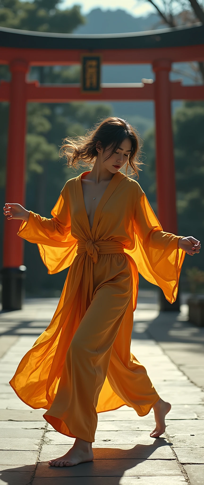1990s , 1 dynamic japanese female, 90s streetstyle japanese  fashion kimono,  loose clothing, Melbourne shuffle  jumping shuffling  footwork ,  expressive pose, zen  japanese torii environment, , cinematic lighting,, extremely detailed, photorealistic, 8k, film grain, dynamic composition, high quality, masterpiece