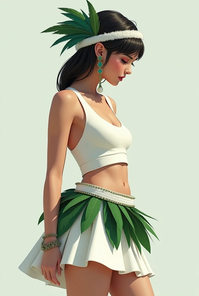 dressed in a short white thigh-length skirt, with a white belt that has green and dark feathers stuck to it, white sleeveless crop top with an accessory made up of feathers in different shades of dark green worn on the side of the head, held by a band that wraps around the forehead.