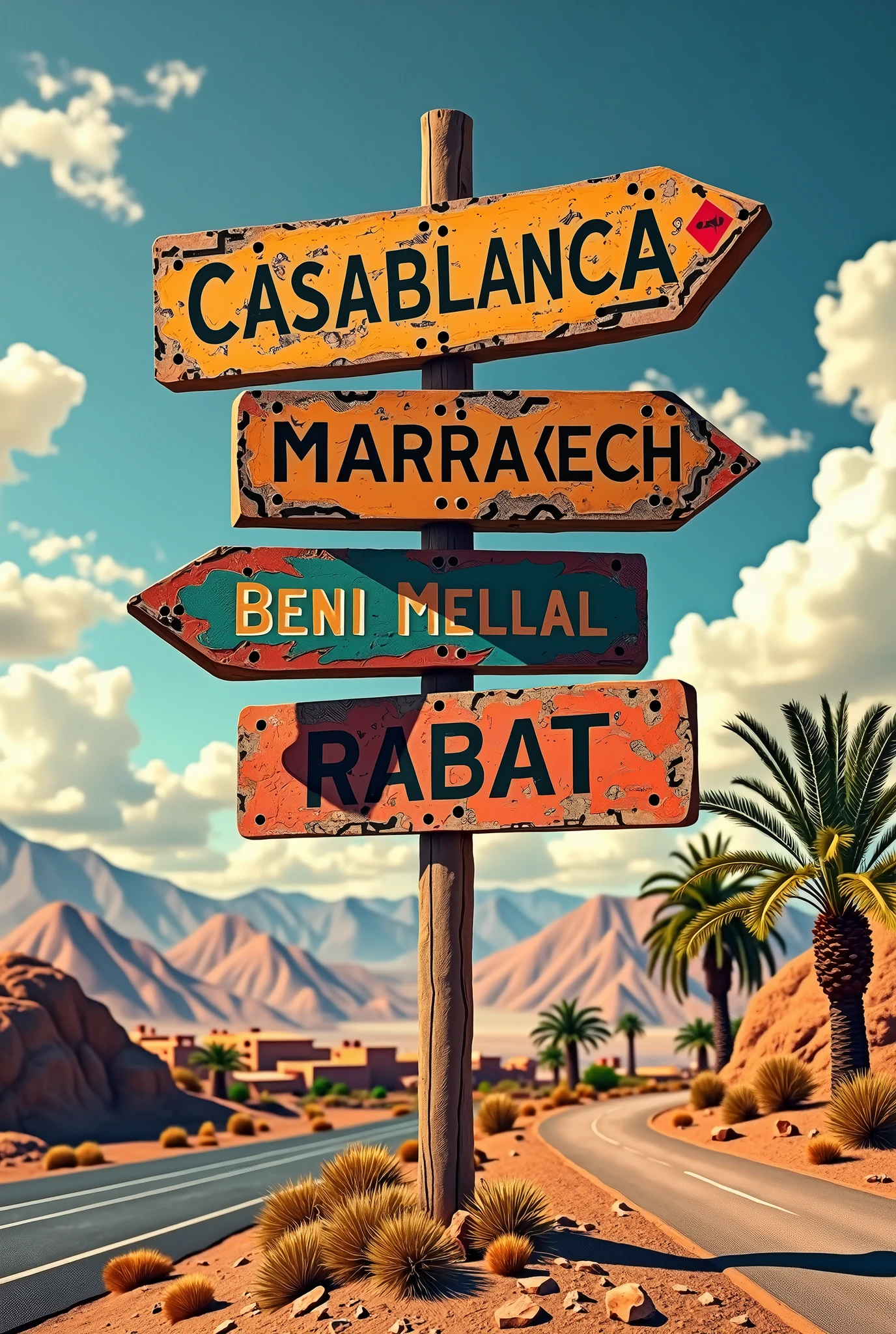 Signboards to the cities of Morocco with their names, realistic, true, Casablanca, Marrakech, Beni Mellal, Rabat, realistic, true, as it is, details of a masterpiece