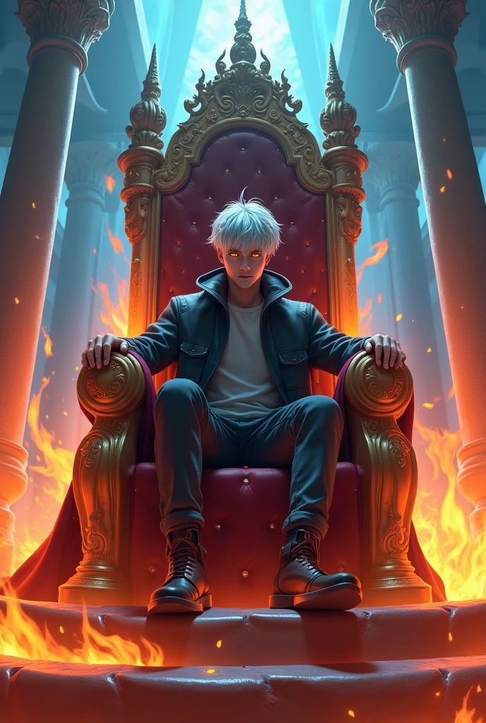 High detail, clarity, 8kk, Throne of Fire, young guy, 1, light gray hair, short haircut, yellow eyes, with blue sky behind, fiery steps to the sky to the throne in front, realism, fantasy,