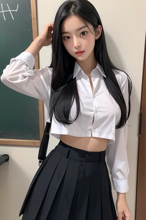 Asian、model、Black Hair、Long Hair、Big Breasts、Topless、school uniform、School、A woman lifting her clothes to reveal her breasts