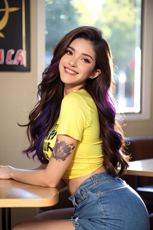 Youngh, brown skin, dark brown hair, wavy hair at the ends, latina americana, Brazilian, americana, green eyes, Green Eye, face perfect, perfectbody, medium breasts, perfect ass, dressed in a royal blue tunic, royal blue mini skirt, angel armor, wings de arcanjo, wings, wings brancas, wings aberta, sword in right hand held up, golden bust, gold armor bust, gold tiara on head  street photography photo of a young woman with purple hair, smile, happy, cute t-shirt, tattoos on her arms, sitting in a 50s diner 