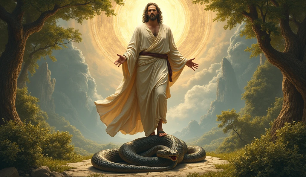 Bible story man stepping on the serpent&#39;s head
