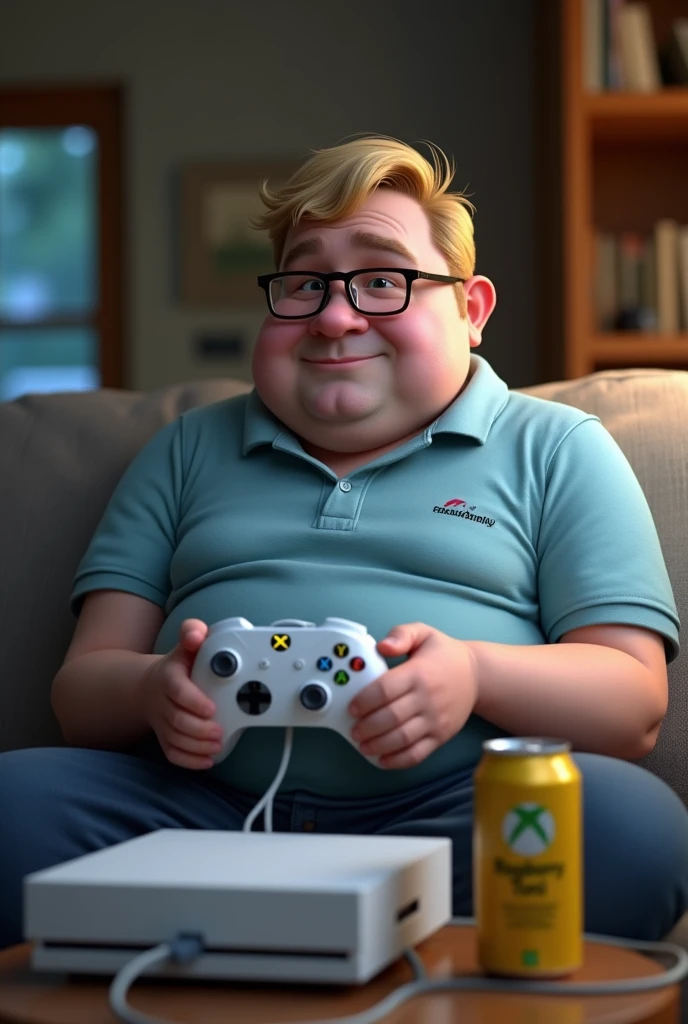 (Photorealism:1.2), blond, slightly chubby European man with glasses playing with the Xbox series s with his controller where the charging cable is plugged in. There should be beer next to him. His polo shirt should say Raspberry Toni 