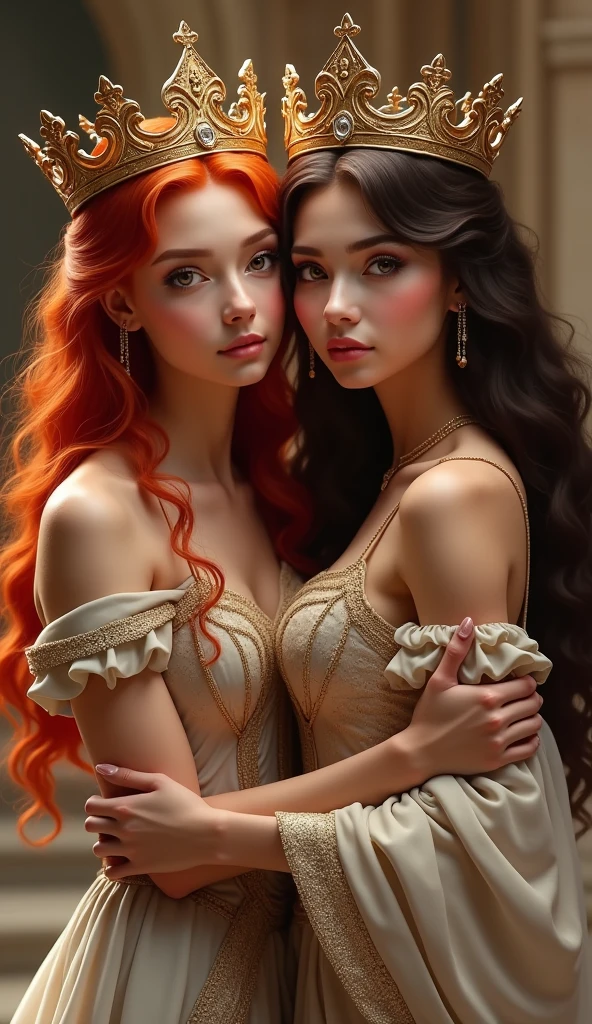 A very beautiful red-haired queen and a very beautiful brunette queen hugging and looking at the camera, whole body, crown, Looking at the camera, 潤んだ目でLooking at the camera