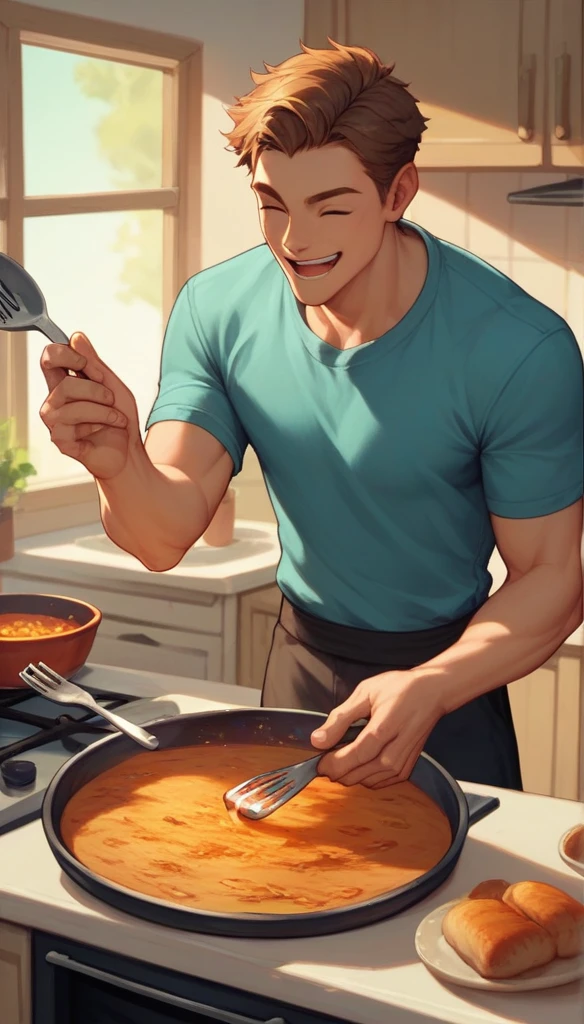 male teen, cheerful, handsome, cooking, firestove