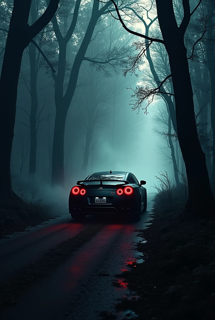 "A dark and moody image of a matte black R35 driving through a dense forest, its headlights barely visible through the trees. back view