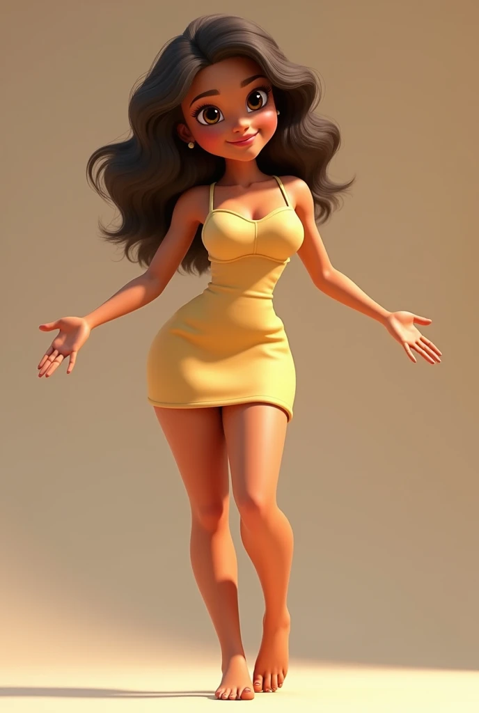 (Disney Pixar style: 1.2) (20-year-old adult: 1.15), white, hazel eyes, wearing a modern dress, large breasts, standing in a T-shape with small waist, open and stretched hands with large legs.