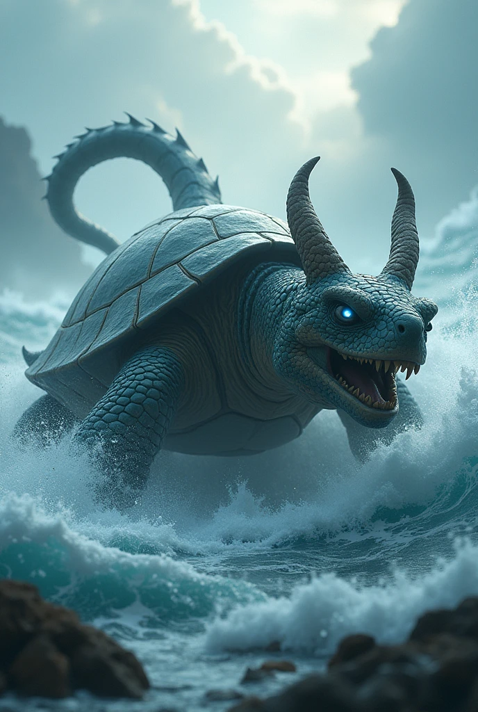 China-style,Chinese mythology,Dragon turtle,faucet,angled,Turtle body,Giant tortoiseshell shell,(Heavy tortoiseshell shell:1.4),The tail of the snake grows out,has horns on its head,cough,Ferocious,gargantuan,The eyes glow blue light,the sea,Huge waves,surrounded by cloud,The scene is,Full body like, highly detailed surreal vfx,oc rendered, - AR 16:9 --q 2 --s 1000