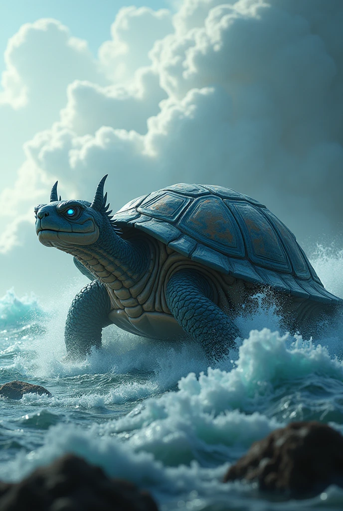 China-style,Chinese mythology,Dragon turtle,faucet,angled,Turtle body,Giant tortoiseshell shell,(Heavy tortoiseshell shell:1.4),The tail of the snake grows out,has horns on its head,cough,Ferocious,gargantuan,The eyes glow blue light,the sea,Huge waves,surrounded by cloud,The scene is,Full body like, highly detailed surreal vfx,oc rendered, - AR 16:9 --q 2 --s 1000