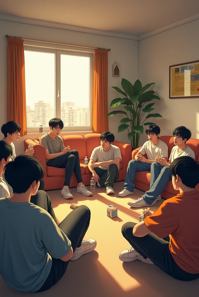 Twelve 20-year-old dark-haired, yellow-skinned Korean guys are gathered in their dorm's common room, snacking and drinking from water bottles. The spacious room is filled with them lounging on sofas and the floor,