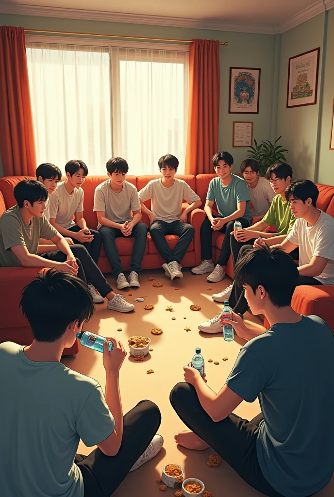 Twelve 20-year-old dark-haired, yellow-skinned Korean guys are gathered in their dorm's common room, snacking and drinking from water bottles. The spacious room is filled with them lounging on sofas and the floor,