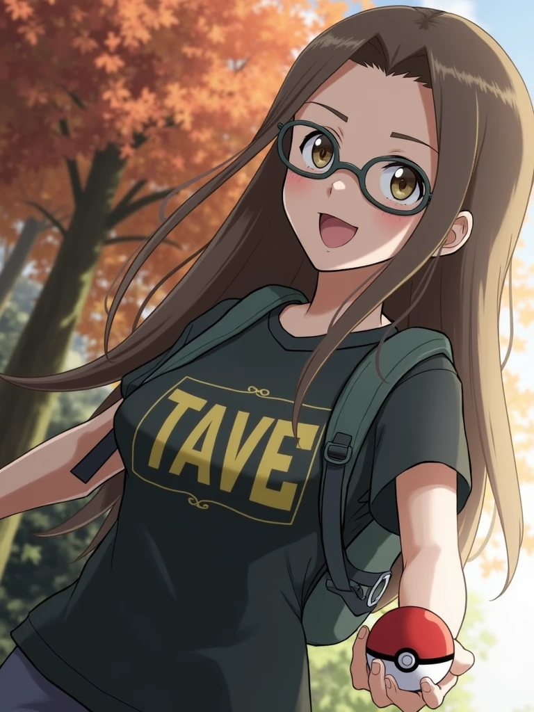 I want to look like a female pokemon trainer, she has long brown hair, rounded grey glasses and a mole under her right eyebrow. She is holding a pokeball in her hand.