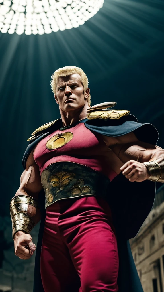 8k images、Raoh from Fist of the North Star(:1.5)、doping、Muscular、Fearless confidence、The face of resentment、Glaring at me、Glowing Eyes、Physique of bodybuilders、Black Cape、Abandoned building、strobe、Black background、Head close-up、whole body、Stand with your legs spread、Fighting Pose、whole bodyから立ち上る湯気、fighting spirit、Halo、Ruins of the battlefield、Spread your arms