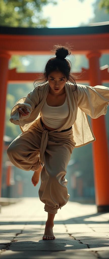 1990s , 1 dynamic japanese female, 90s streetstyle japanese fashion kimono, loose clothing, breakdancing head spinning , expressive pose, zen japanese torii environment, , cinematic lighting,, extremely detailed, photorealistic, 8k, film grain, dynamic composition, high quality, masterpiece