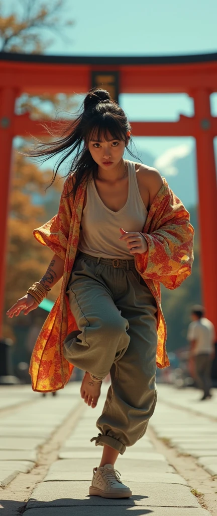 1990s , 1 dynamic japanese female, 90s streetstyle japanese  fashion kimono,  loose clothing, breakdancing head spinning ,  expressive pose, zen  japanese torii environment, , cinematic lighting,, extremely detailed, photorealistic, 8k, film grain, dynamic composition, high quality, masterpiece