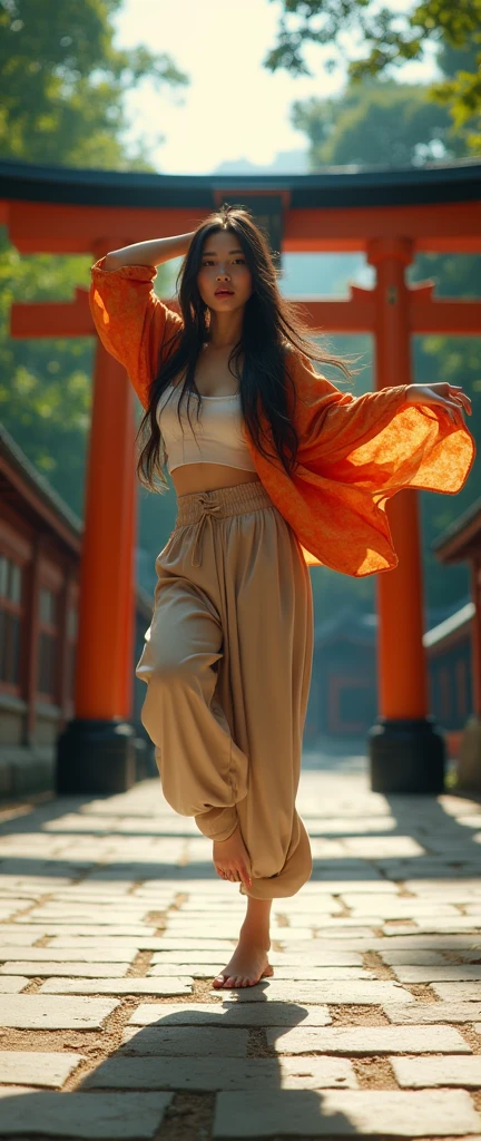 1990s , 1 dynamic japanese female, 90s streetstyle japanese fashion kimono, loose clothing, breakdancing head spinning , expressive pose, zen japanese torii environment, , cinematic lighting,, extremely detailed, photorealistic, 8k, film grain, dynamic composition, high quality, masterpiece