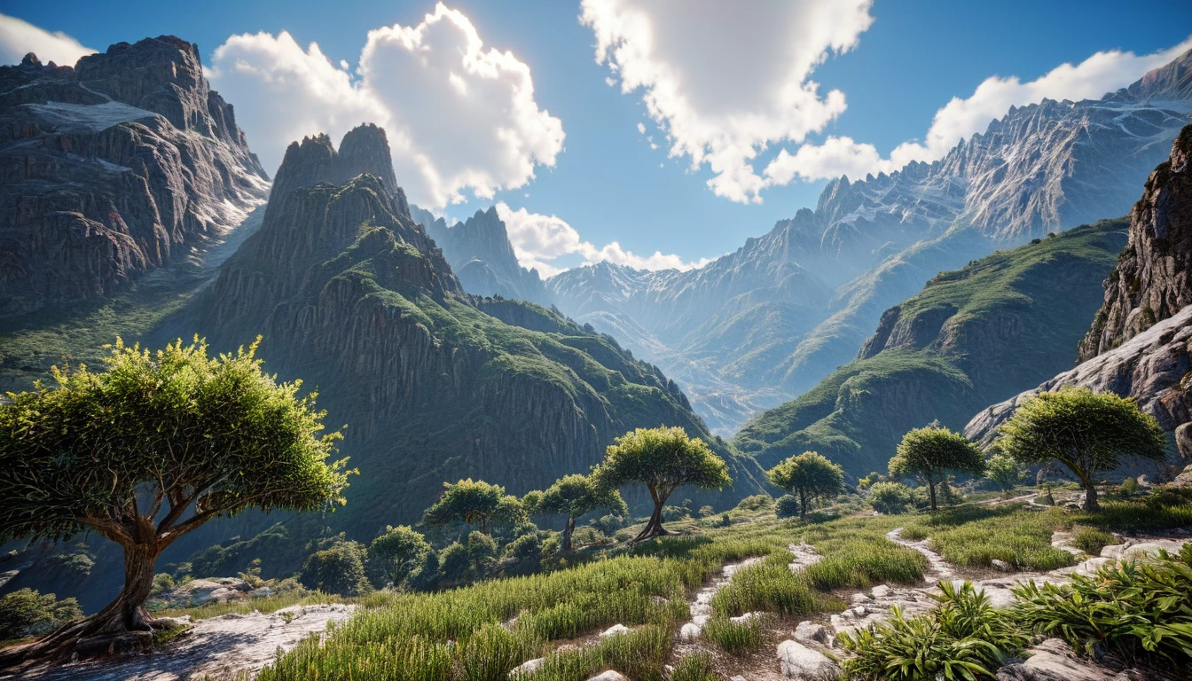 There are a lot of laurel trees in the mountains,Underground gold and jade veins(best quality,4K,8k,High level,masterpiece:1.2),Ultra Detailed,(lifelike,Photo real,Photo real:1.37),Complex patterns,Realistic lighting,虚幻引擎4K壁纸,Summer Unreal Engine 5, Beautiful landscape rendering, Mountains and Oceans, Rendered in 8k Unreal Engine,,The most beautiful scenery,Epic shock