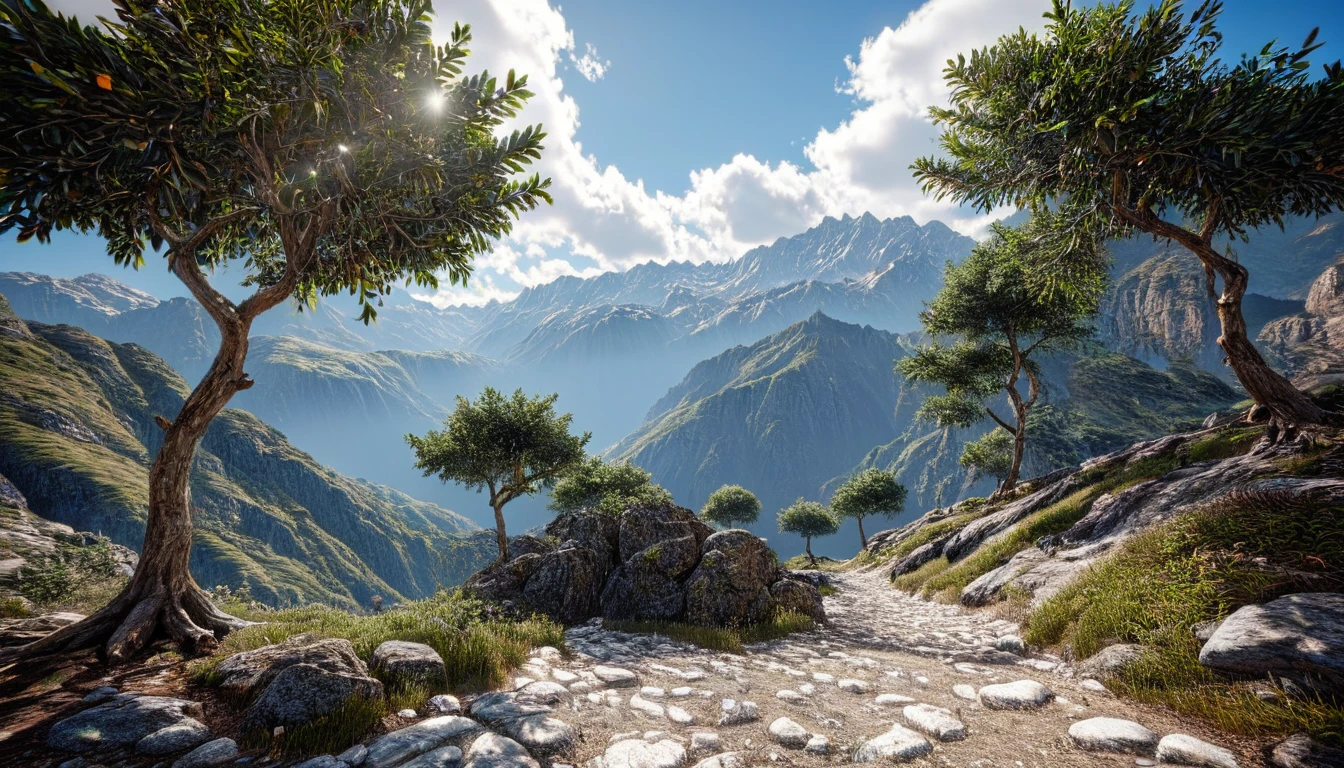 There are a lot of laurel trees in the mountains,Underground gold and jade veins(best quality,4K,8k,High level,masterpiece:1.2),Ultra Detailed,(lifelike,Photo real,Photo real:1.37),Complex patterns,Realistic lighting,虚幻引擎4K壁纸,Summer Unreal Engine 5, Beautiful landscape rendering, Mountains and Oceans, Rendered in 8k Unreal Engine,,The most beautiful scenery,Epic shock