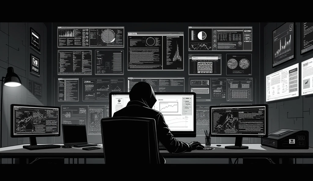 black and white hacker type vector manga multiple screens horizontal
