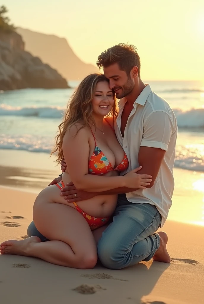 Picture of a couple, sitting and embracing each other on the seaside, the woman is plump and wearing a bikini, the man is in good shape and wearing jeans and a white shirt, showing love, romance, calm sea, beautiful sunlight, quiet beach.