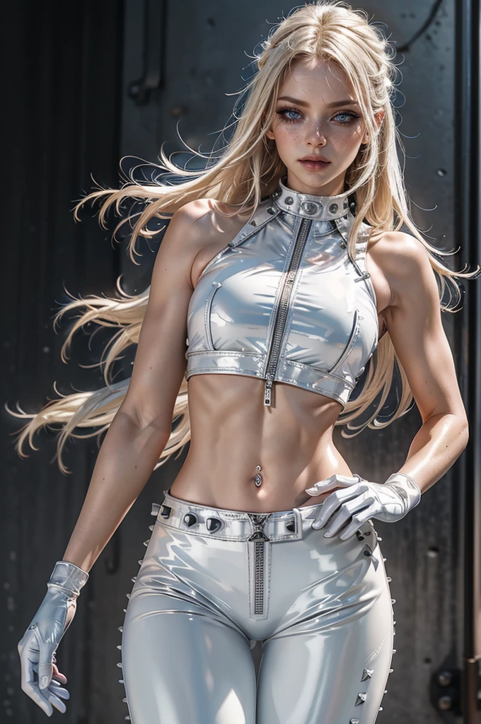 cowboy shot,a pretty 2 girl,blond hair,blue eyes,lora_Emma,slim athletic body,thin waist,(shiny ultra glossy white latex crop top),bare shoulders,(shiny ultra glossy white latex pants with multiple zippers),long navel-piercing,white studded collar,empty studio,((studded white belts)),long fingerless white latex gloves,(best quality,4k,8k,highres,masterpiece:1.2),ultra-detailed,(realistic,photorealistic,photo-realistic:1.37),dramatic lighting,cinematic,fashion photography,studio lighting,high contrast,vivid colors,beautiful detailed eyes,beautiful detailed lips,extremely detailed eyes and face,long eyelashes, hair on one side, touching hair