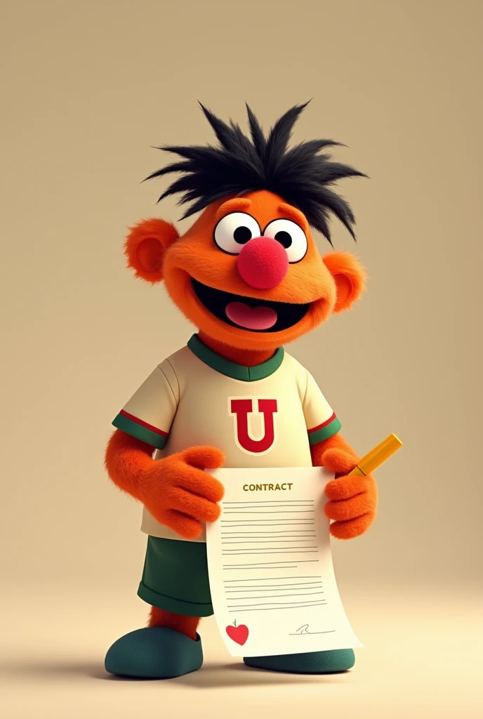 pancho sesame, Celeste character from the animated series Sesame Street, with a cream soccer jersey and a cherry U on the heart side and is signing a contract