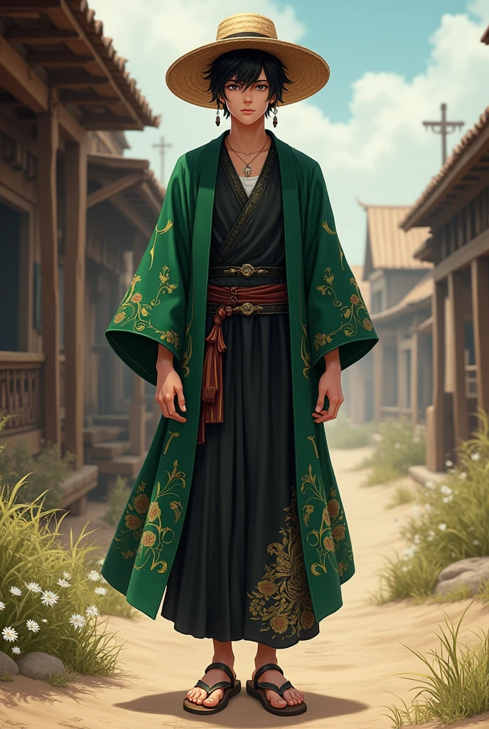 I would like a american young man with short black hair,earrings, wearing a straw hat on his head, dressed in a black and green kimono, and sandals on his feet. I would like the style to be mature, with the art in a fantasy RPG style set in the Old West.
