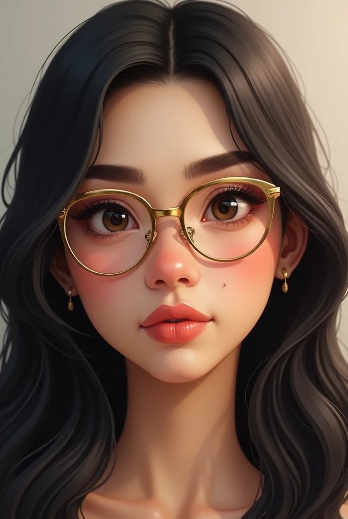 A picture of my girlfriend with these features, the rest of her is kind of oval but not that much, kind of chubby nose, clean face with just a mole next to the eyebrow, eyebrows done and thick but not too much, eyes a little slanted, golden glasses, black hair long, black eyes and she has no freckles