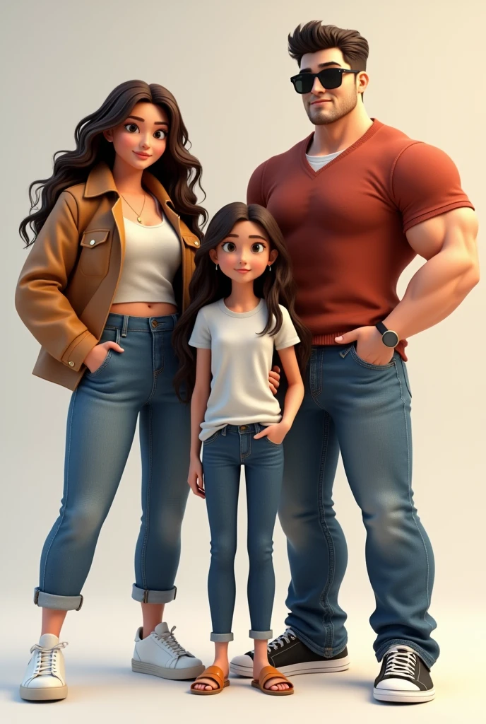 robust young woman with long brown hair jeans white sneakers,robust man short hair, white skin with sunglasses and jeans, Teenager woman with long hair and Pixar style sandals