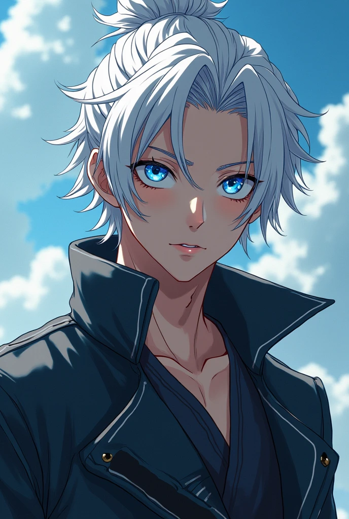 Create an unique male anime character with eren yeager man bun hairstyle + gojo blue eyes white hair + muscular body