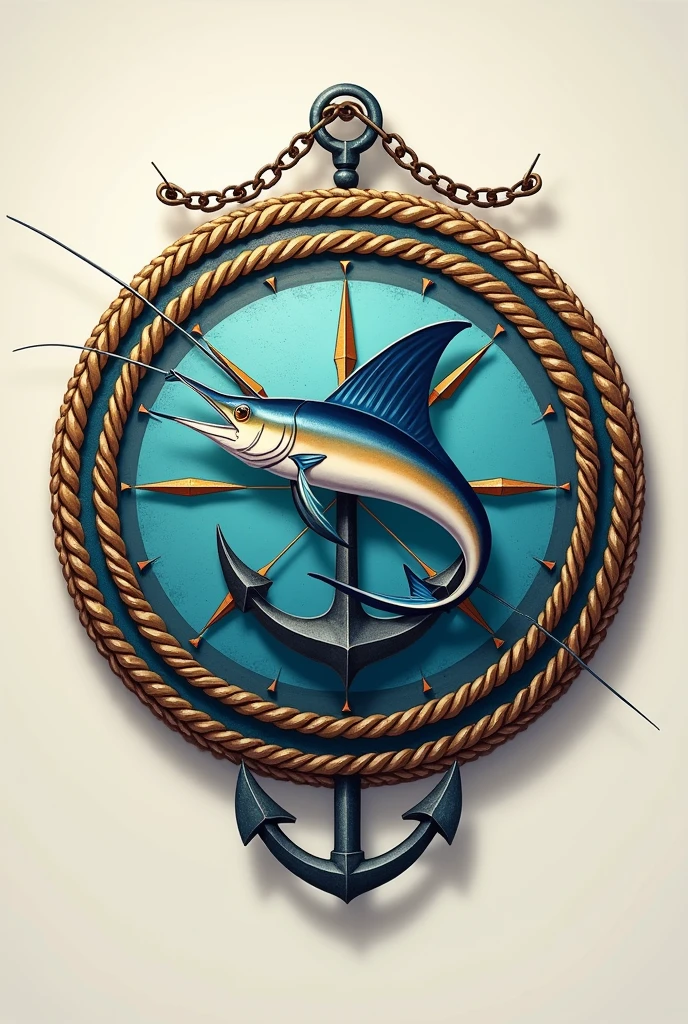 Make a circular shield with a sailfish in the center, with an anchor at the bottom of the circle With a gold rope outline at the bottom and chain at the top, and have the 4 cardinal points at the bottom inside the circle