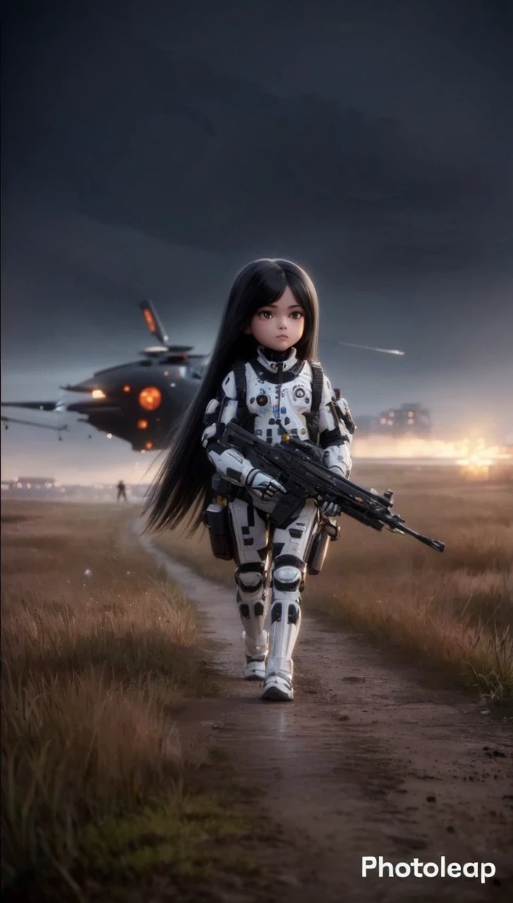 Pixar style, Full-length, young girl with black straight hair, dark honey eyes, a little plump, dressed in a white tight T-shirt and white tight shorts with orange ornaments , white sports boots, headphones on her head, doing sports in the park, in the background you can see a futuristic city with small houses, night time.