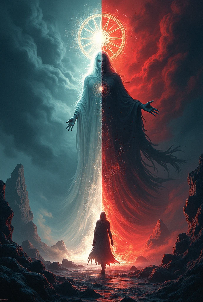 illustration of two views of necromancy: one side shows a rising from the dead with a bright aura, while the other side shows the control of occult powers with mystical symbol. details: f/2.0, 8k resolution