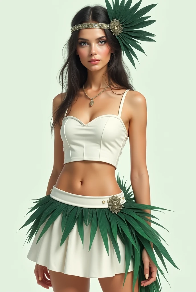 dressed in a short white thigh-length skirt, with a white belt that has green and dark feathers stuck to it, white sleeveless crop top with an accessory made up of feathers in different shades of dark green worn on the side of the head, held by a band that wraps around the forehead.