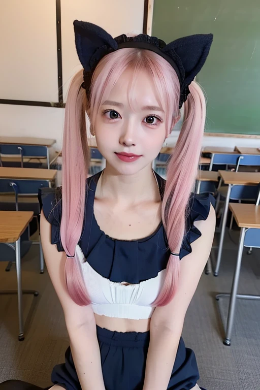 ,((Pink Hair))、((Pink Hair))、((Twin tails))、((Small fox ears))、((Highest quality、8k、masterpiece))、((Landmine Girl))Highest quality、Professional Writing、 Detailed workmanship、High resolution、(8k, High resolution:1.2)、(RAW Photos, Realistic:1.3)、masterpiece、Slim figure、(((Wearing dark blue tight bloomers:1.3)))、((((Navy blue high rise bikini bottoms)))),((Smooth facial skin)、one , (a beauty , delicate :1.3), (:1.3), break,(Wearing a short white T-shirt))、 ((Wearing dark blue bloomers:1.3)), break, Very detailedな明瞭さ,(( (Symmetrical eyes))), break, (School classroom, indoor:1.3), break, Small breasts、 Brown eyes, Semi-long hair、 Brown Hair, , break, (Eye and facial details:1.0), break, (masterpiece, Highest quality, Very detailed, Detailed face, 8k)、((Cute pose))、((Angle from the front))、