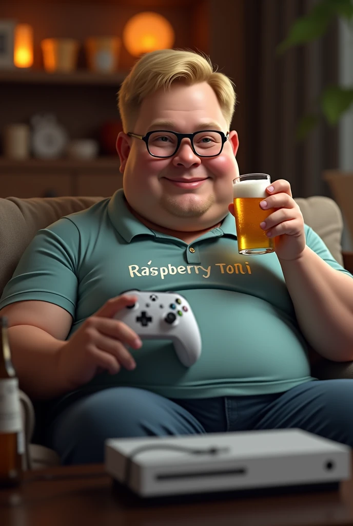 (Photorealism:1.2), blond, slightly chubby European man with glasses playing with the Xbox series s with his controller where the charging cable is plugged in. There should be beer next to him. His polo shirt is said to have the word “Raspberry Toni” written on it