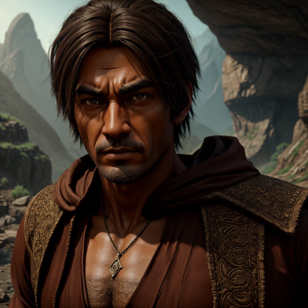 a cinematic 3d cartoon style, mysterious monk, powerful and wise, detailed portrait, dramatic lighting, fantasy landscape, detailed environment, vibrant colors, natural lighting, cinematic composition, epic fantasy