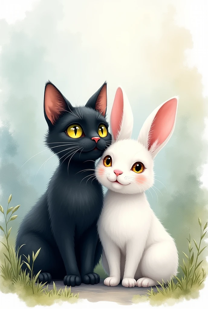 a black cat and a white rabbit side by side with watercolor painting