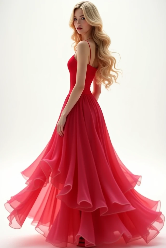 a delicately charming woman, long blond hair,  modern dress in red, pink ruffles . the background is simple and white