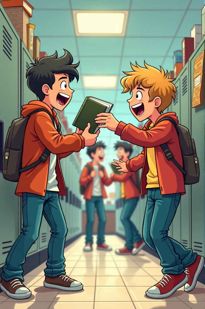 (comic) A middle school boy try to snatch a book from other middle school boy.