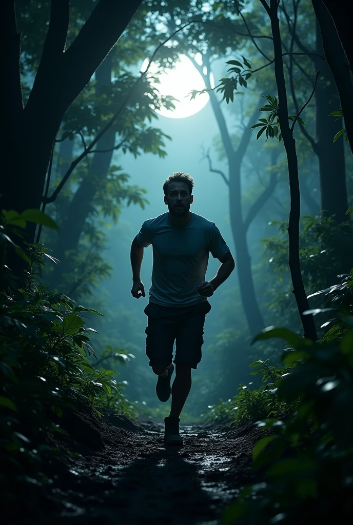 A man in normal outfit running through dark jungle at night.
