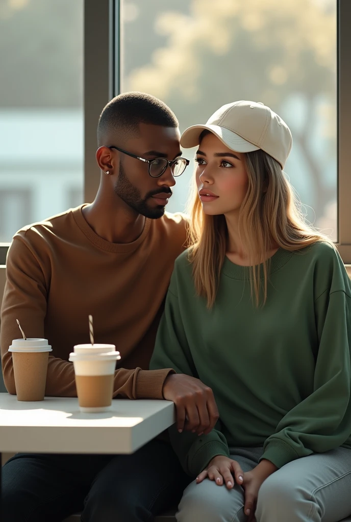 best quality:1.4), (ultra-high resolution:1.2), (photoshotrrealista:1.4), (8k, photoshot:1.2), a thin 20 year old, skin black, beardless face, corte de cabelo Buzzcut. thin build. He is wearing a brown long sleeved shirt. He is wearing black jeans. He is wearing clear prescription glasses. He is sitting on a white bench with a seductive look. corte de cabelo Buzzcut. white cap back. a 20 year old. Long straight blonde hair with black highlights. green sweatshirt. light jeans. They are at a table in a cafeteria. There are two coffees on the table. They are sitting side by side 