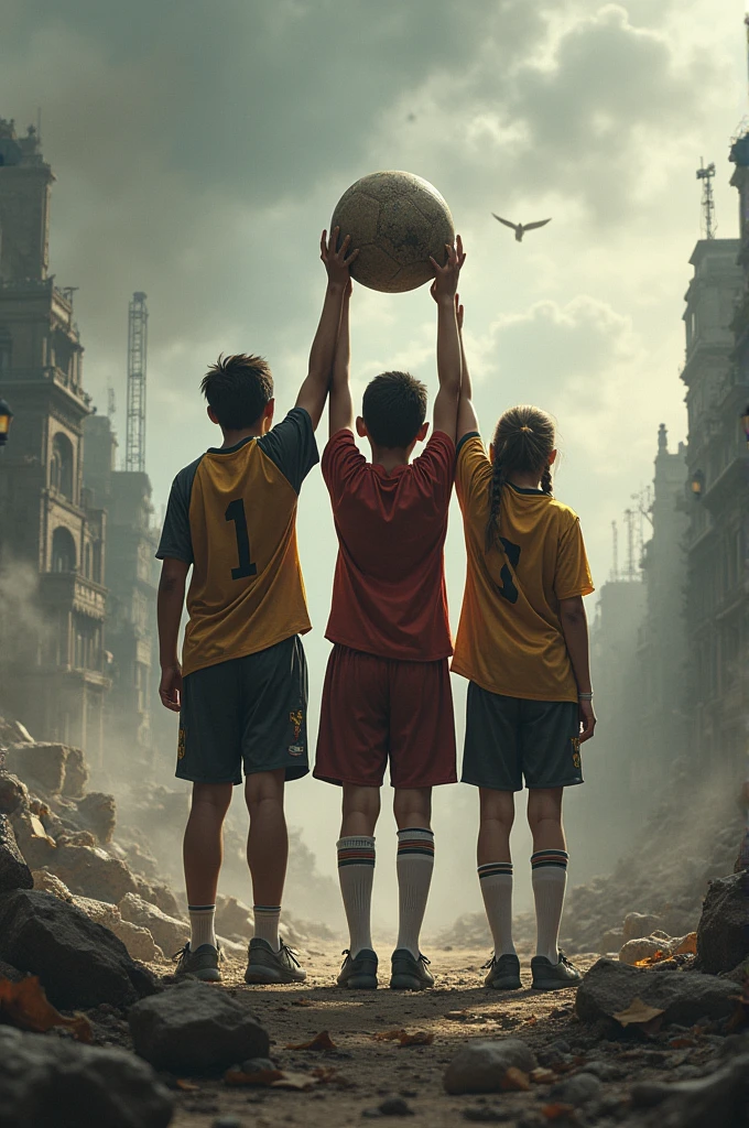 Les derniers champions de l'humanité, trois freres et soeurs avec un ballon regardent la destrution de l'humanité