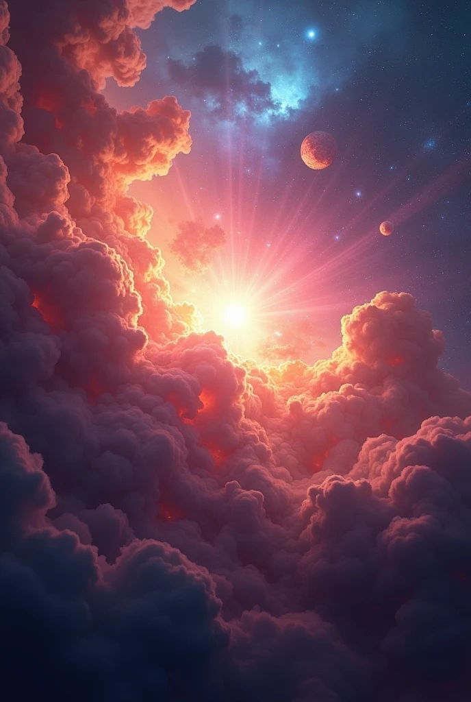 Stellar Birth in a Nebula: A massive, colorful nebula filled with swirling clouds of gas and dust, glowing in vibrant hues of red, blue, and purple. In the center, a new star is forming, with bright light emanating from the core, illuminating the surrounding clouds
