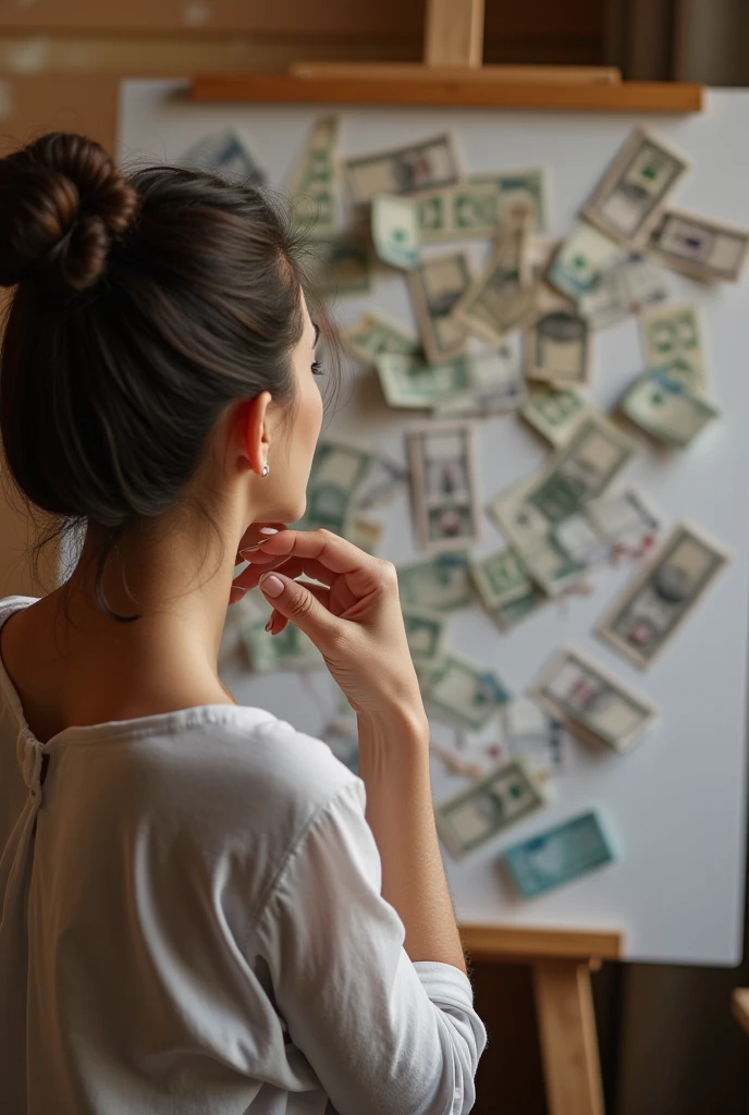 Woman thinking and a vision board in front of her with a lot of money on the board 