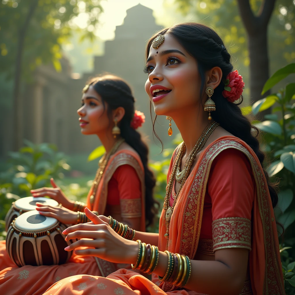 a beautiful indian girl singing, a beautiful indian girl playing tabla, two indian girls sitting in jungle, detailed face, beautiful detailed eyes, beautiful detailed lips, extremely detailed eyes and face, long eyelashes, intricate jewelry, ornate clothing, lush greenery, sunlight streaming through leaves, ancient ruins in background, (best quality,4k,8k,highres,masterpiece:1.2),ultra-detailed,(realistic,photorealistic,photo-realistic:1.37),HDR,studio lighting,ultra-fine painting,sharp focus,physically-based rendering,extreme detail description,professional,vivid colors,portrait
